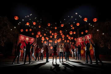 Obraz premium A group of people in a dark night square release glowing red Chinese lanterns to fly into the sky. Happy Chinese New Year celebration.