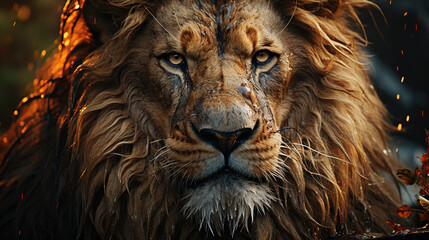 Portrait Calm and Confidence Lion Head Close Up Blurry Background