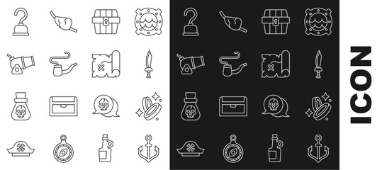 Set line Anchor, Pirate coin, sword, Antique treasure chest, Smoking pipe, Cannon, hook and map icon. Vector