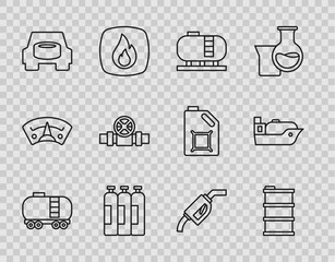 Set line Oil railway cistern, Barrel oil, tank storage, Industrial gas cylinder, Spare wheel the car, Metallic pipes and valve, Gasoline pump nozzle and tanker ship icon. Vector - obrazy, fototapety, plakaty