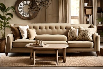 Craft an inviting Khaki Color Sofa image, emphasizing its warmth and versatility in a cozy setting. 