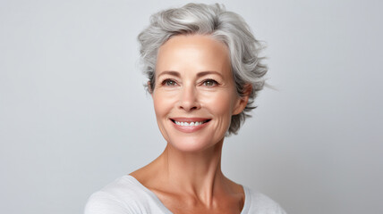 Middle-aged woman fresh face  beautiful  glowing  healthy skin Isolated on white background.for skincare products. - obrazy, fototapety, plakaty