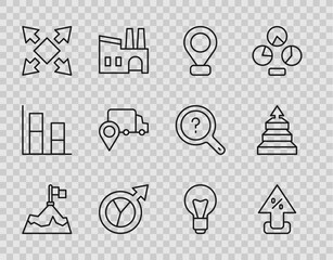 Fototapeta premium Set line Mountains with flag, Percent up arrow, Location, Financial growth, Many ways directional, Delivery tracking, Light bulb and Pyramid chart infographics icon. Vector