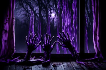 Spooky zombie hands outside the window, violet glowing. Halloween concept.  - obrazy, fototapety, plakaty