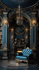 Luxurious Baroque Living Room Bookcase with Folio Interior Background - obrazy, fototapety, plakaty
