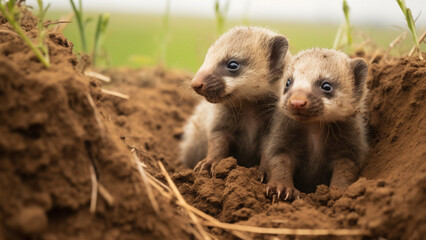 Fototapeta premium Side view cinema lens of two newborn badger cubs standing in hole
