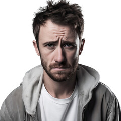 Obraz premium Portrait of a depressed guy exhausted and suffering from insomnia on transparent background