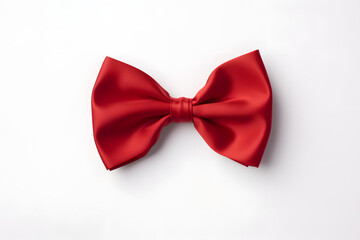 A minimalist yet elegant image featuring a simple red bow tie, perfectly tied, set against a pristine white background
