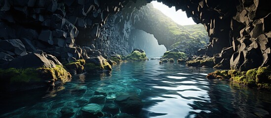 underwater cave with turquoise water - 3d render illustration - obrazy, fototapety, plakaty