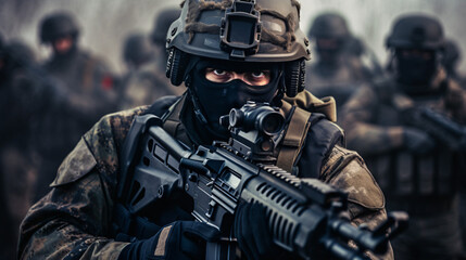 Conflict war. Uniformed soldier in full armor helmet - obrazy, fototapety, plakaty