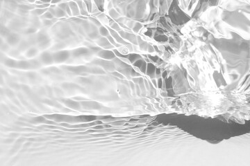 White water with ripples on the surface. Defocus blurred transparent white colored clear calm water surface texture with splashes and bubbles. Water waves with shining pattern texture background.