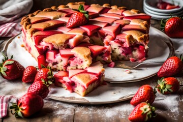 Strawberry Rhubarb Cake, a celebration of spring with the perfect fruit pairing. 