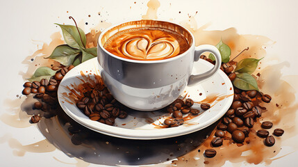 Watercolor Oil Painting of Coffee Cup and Coffee Beans on White Background Selective Focus