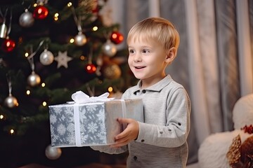 Fototapeta na wymiar Boy child holding a large gift box on the background of a Christmas tree. New Year's surprise.