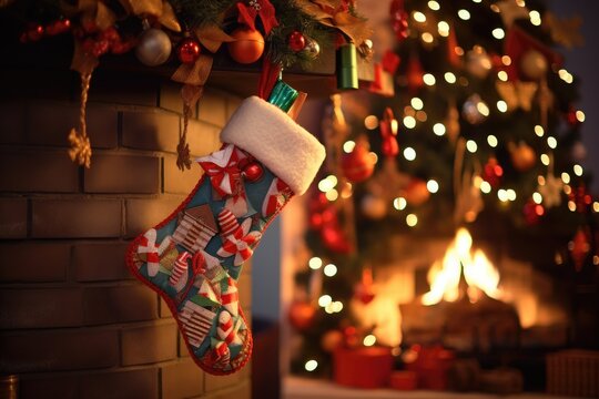 One christmas stockings for gifts hang on a burning fireplace in a cozy room decorated for the New Year celebration.