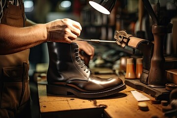 A shoemaker repairs a man's shoe in an equipped workshop. Close-up, calloused working hands of an elderly man.