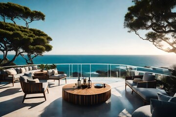 A coastal retreat balcony with panoramic ocean views and coastal serenity. 