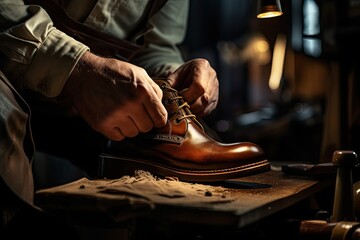 A shoemaker repairs a man's shoe in an equipped workshop. Close-up, calloused working hands of an elderly man. - obrazy, fototapety, plakaty