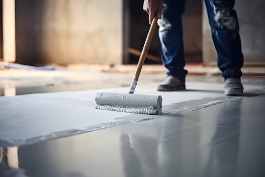 Master with roller for new screed concrete with self leveling cement mortar for floors. Concept building renovation home. Generative ai.