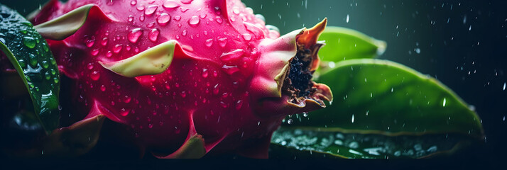 Micro close up of a fresh dragon fruit hanged on tree with water drops dew as wide banner with copy space area, broad header, fruit grower, producer, generative ai - obrazy, fototapety, plakaty