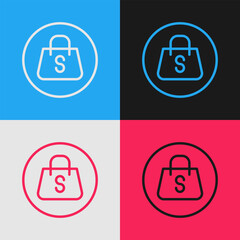 Pop art line Shopping bag with an inscription Sale icon isolated on color background. Handbag sign. Woman bag icon. Female handbag sign. Vector