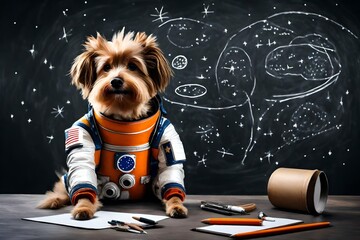Concept of single dog wearing space suit and drawing on blackboard during first trip to space appearing adorable. 