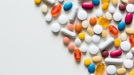Top view of different coloured pills and capsules on light background with copy space. Generative AI