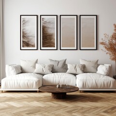 Three poster frames mock up in modern living room interior above sofa, Generative AI