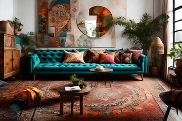 Create an image of a bohemian sofa in a vibrant and eclectic interior with a touch of artistic flair. 