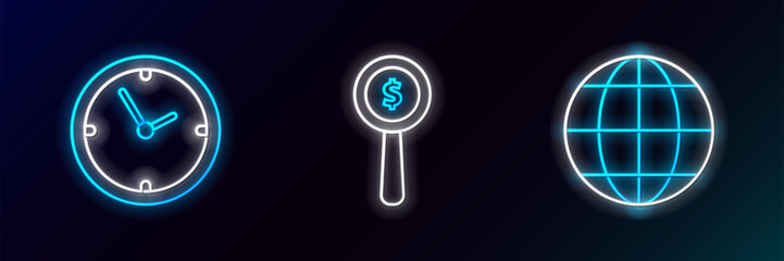 Set line Earth globe, Clock and Magnifying glass and dollar symbol icon. Glowing neon. Vector