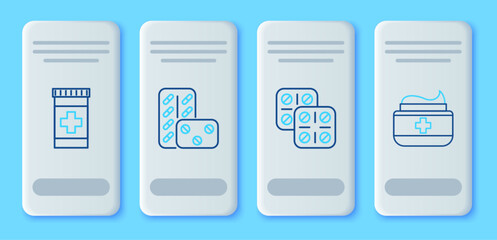 Set line Pills in blister pack, Medicine bottle and Ointment cream tube medicine icon. Vector