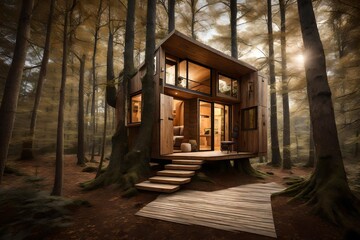 Fototapeta na wymiar A cabin-inspired treehouse back door with a scenic woodland view. 