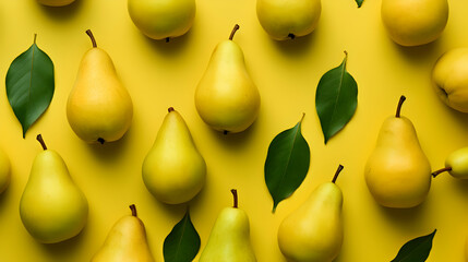 Pear fruits on yellow, green background. Fresh organic pear fruit backdrop, top view. Generative ai.