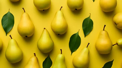 Fotobehang Pear fruits on yellow, green background. Fresh organic pear fruit backdrop, top view. Generative ai. © pawczar