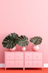 3D render of pink monstera plants standing on pink cabinet, Generative AI