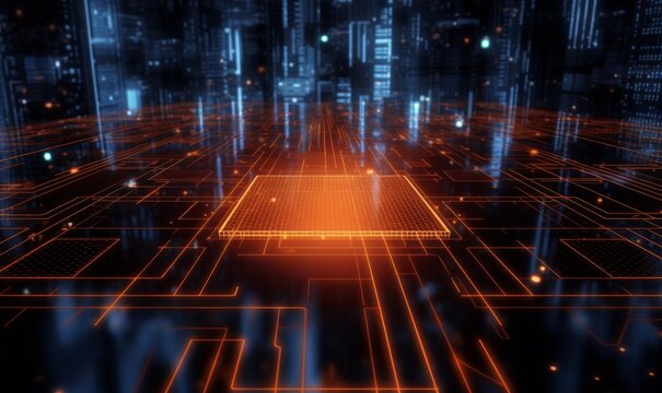 Quantum Computer Architecture. Futuristic Smart Grid and Global Connectivity Concept. Blue Tech Background. 3D Render, Generative AI