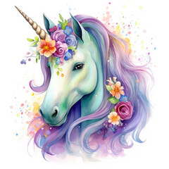 Cute colorful magic unicorn with flowers Illustration, Generative Ai