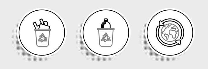 Set line Planet earth and a recycling, Recycle bin with recycle symbol and icon. Vector