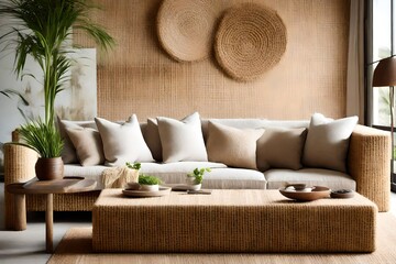 Highlight the natural texture of a sisal sofa in a tranquil and serene setting.  - obrazy, fototapety, plakaty
