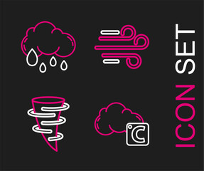 Set line Celsius and cloud, Tornado, Wind and Cloud with rain icon. Vector
