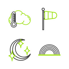 Set line Rainbow with clouds, Moon and stars, Cone meteorology windsock wind vane and Thermometer icon. Vector