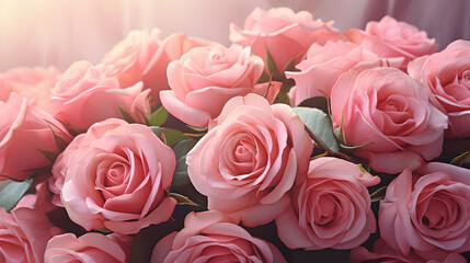 Pink roses bouquet blooming roses. Rose flowers bunch, generative ai
