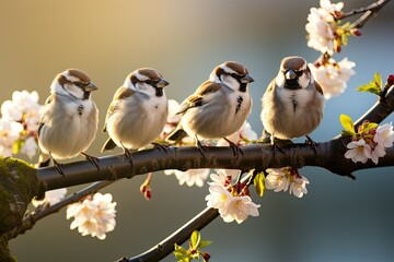 Sparrows sit in a row on a branch of a flowering apple tree in the rays of the spring, warm sun. Close-up