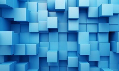 Neatly Aligned Multisized Cube Wall. Blue, Contemporary Tech Wallpaper. 3D Render, Generative AI