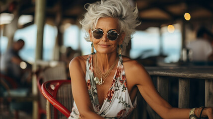 Old woman relaxing on in the cafe, Retired woman in sunglasses and summer dress sitting in sunbed chair in the beach club relaxing and enjoying her holidays vacation, Summer beach holiday concept