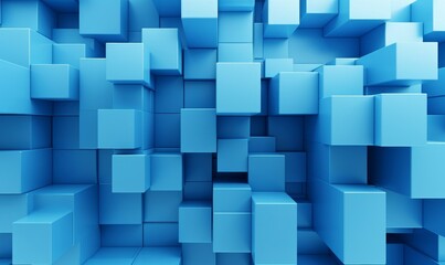 Neatly Aligned Multisized Cube Wall. Blue, Contemporary Tech Wallpaper. 3D Render, Generative AI