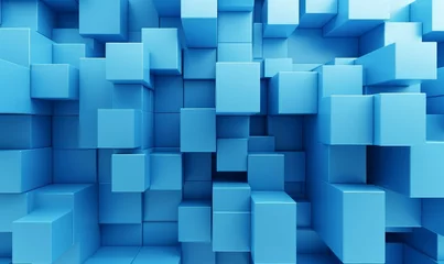 Fotobehang Neatly Aligned Multisized Cube Wall. Blue, Contemporary Tech Wallpaper. 3D Render, Generative AI © Colorful Graphics