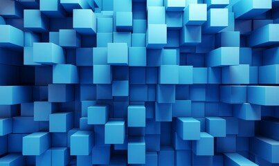 Neatly Aligned Multisized Cube Wall. Blue, Contemporary Tech Wallpaper. 3D Render, Generative AI