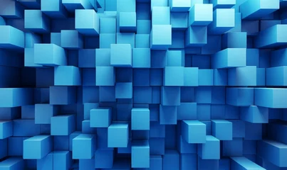 Fotobehang Neatly Aligned Multisized Cube Wall. Blue, Contemporary Tech Wallpaper. 3D Render, Generative AI © Colorful Graphics