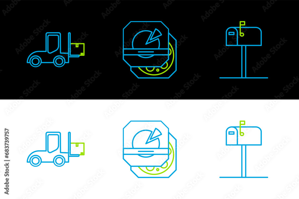 Poster Set line Open mail box, Forklift truck and Pizza in cardboard icon. Vector